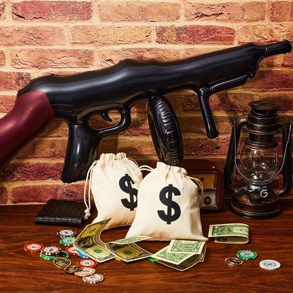 6 Pcs Inflatable Gun Props Canvas Pouch Set 1920s Party Decorations with Drawstr - Picture 2 of 6